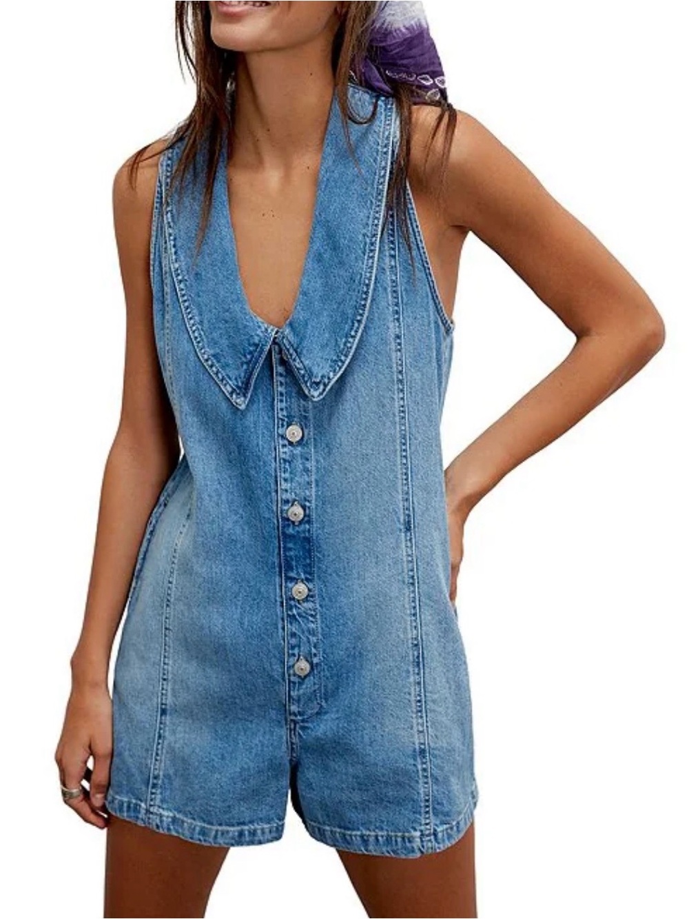 We The Free Light Blue Denim Romper with Pointed Collar